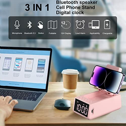 3 in 1 Bluetooth speaker, phone stand, digital clock on a desk.