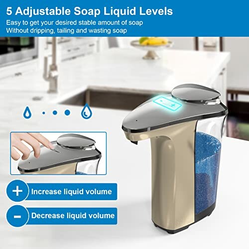 Automatic soap dispenser with adjustable liquid levels in a kitchen setting.