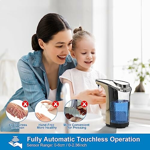 Woman and child using a touchless automatic soap dispenser.