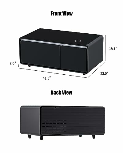 Black storage cabinet with front and back view, showing dimensions.