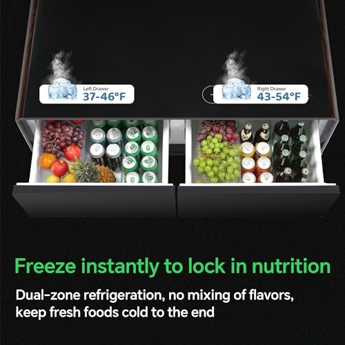 Dual-zone refrigeration drawers with fruits, drinks, and temperature display