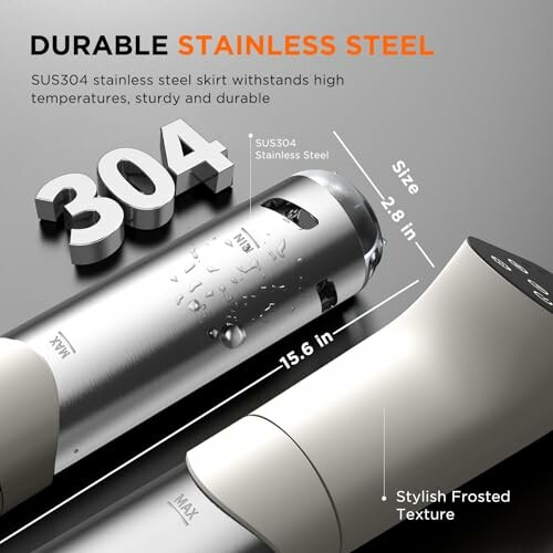 Durable stainless steel product with dimensions and features highlighted.