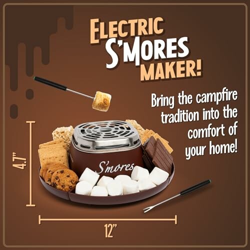 Nostalgia Tabletop Indoor Electric S'mores Maker with tray of marshmallows, crackers, and chocolate.