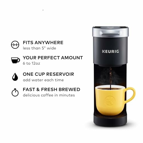 Keurig K-Mini coffee maker brewing into a yellow cup with feature list