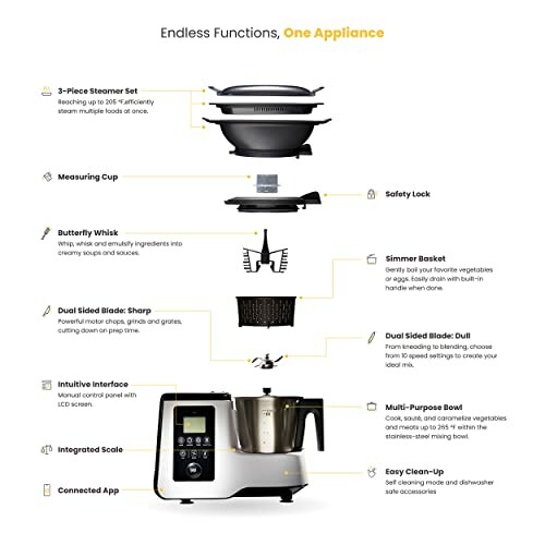 Diagram of a multifunction kitchen appliance with labeled parts including steamer set, measuring cup, whisk, blades, and more.