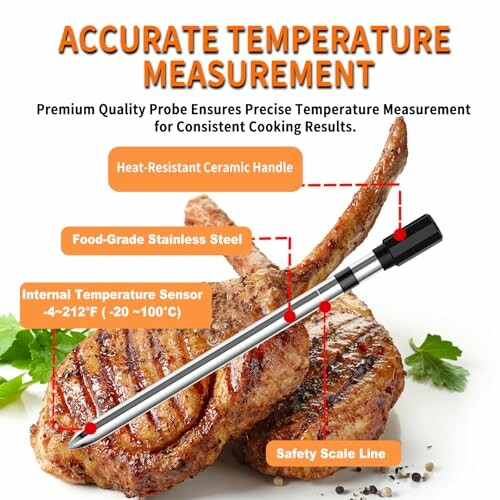 Meat thermometer with labeled components on cooked steak.