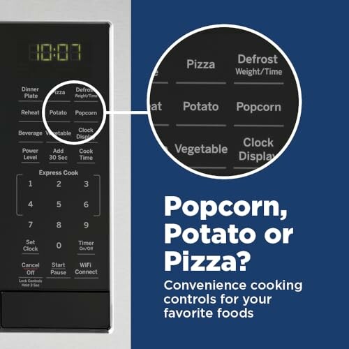 Microwave control panel with popcorn, potato, pizza options.