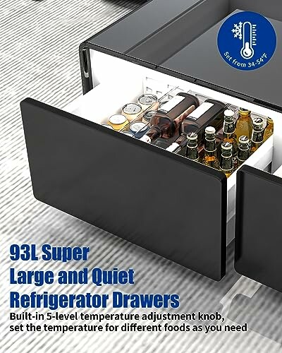 Open refrigerator drawer filled with beverages and temperature control feature.