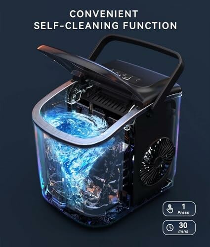 Ice maker with self-cleaning function and digital display.