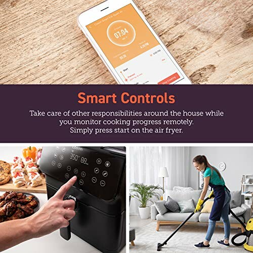 Smart controls for air fryer with app, air fryer interface, and person cleaning.