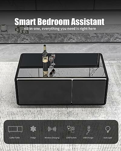 Smart bedroom assistant coffee table with features like fridge, wireless charging, and USB ports.