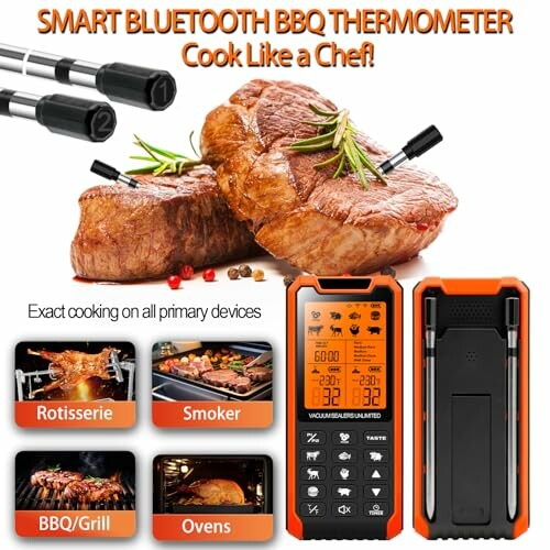 Smart Bluetooth BBQ thermometer with meat probes and display showing cooking options.