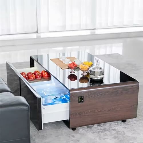 Smart coffee table with refrigerated drawers and fruit on top.