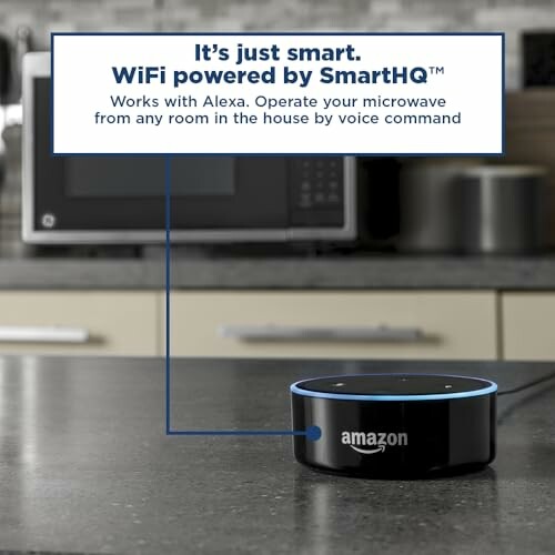 Smart microwave with Alexa and WiFi control on kitchen counter.