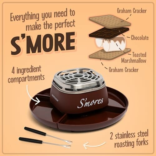 Nostalgia Tabletop Indoor Electric S'mores Maker with compartments and roasting forks.