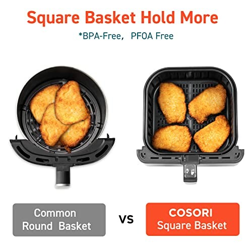 Comparison of common round basket and COSORI square basket with breaded chicken pieces.