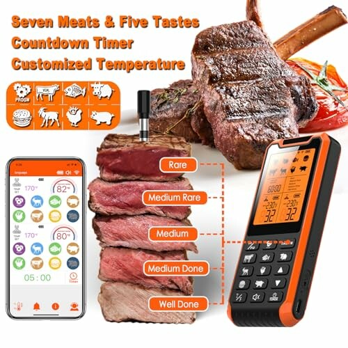 Steak cooking thermometer with temperature settings and meat doneness guide.