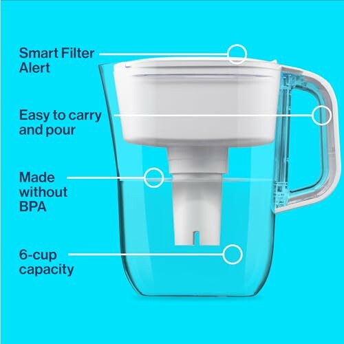 Clear water filter pitcher with labeled features including smart filter alert, easy to carry and pour, made without BPA, and 6-cup capacity