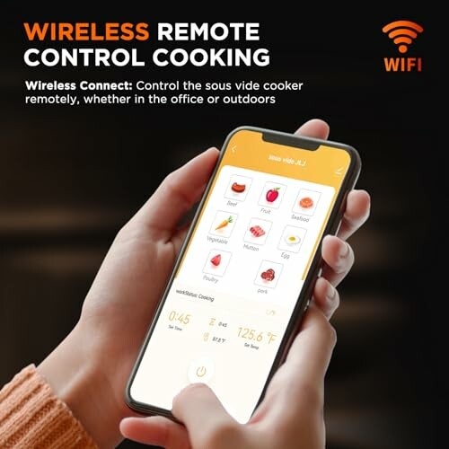 Hands holding smartphone with cooking app for remote control