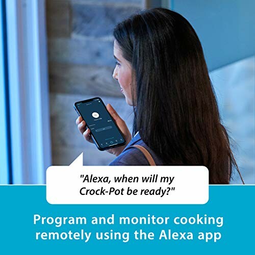 Woman using Alexa app on phone for Crock-Pot cooking